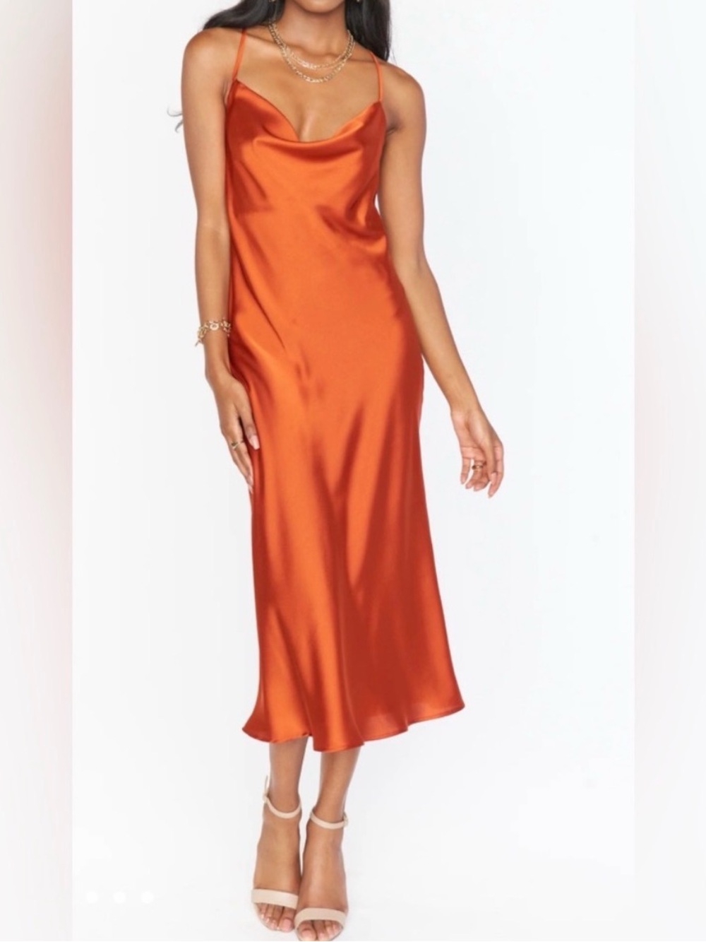 Show Me Your MuMu Satin Slip Midi Dress in Burnt Orange